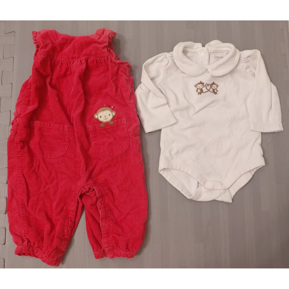Gymboree Baby Girl Red Corduroy Overalls‎ White Monkey Bodysuit Set 3-6 Months